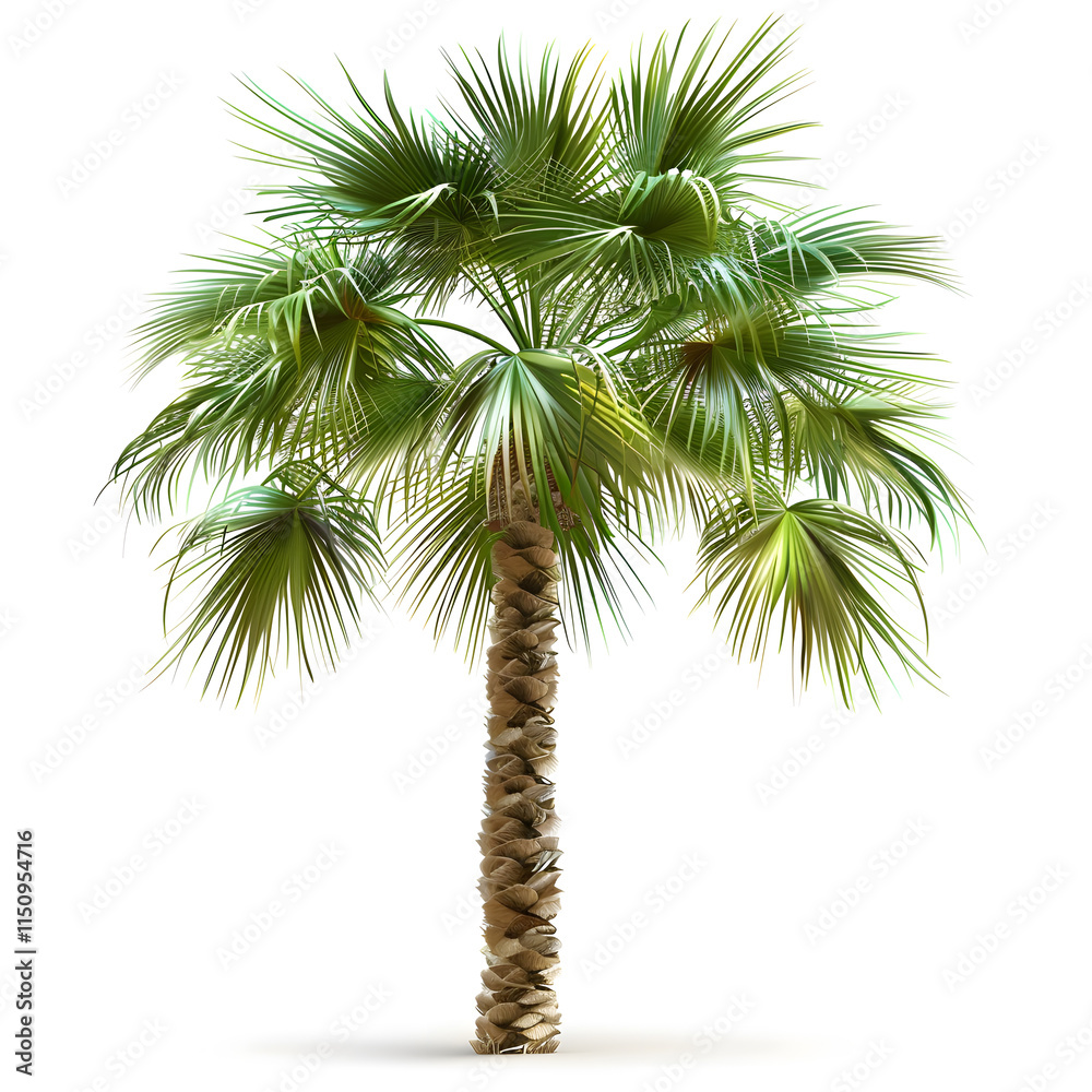 Fototapeta premium This highresolution image features a green palm tree on a white background, perfect for tropical and naturethemed designs. Keywords include botanical, exotic, lush, and tropical