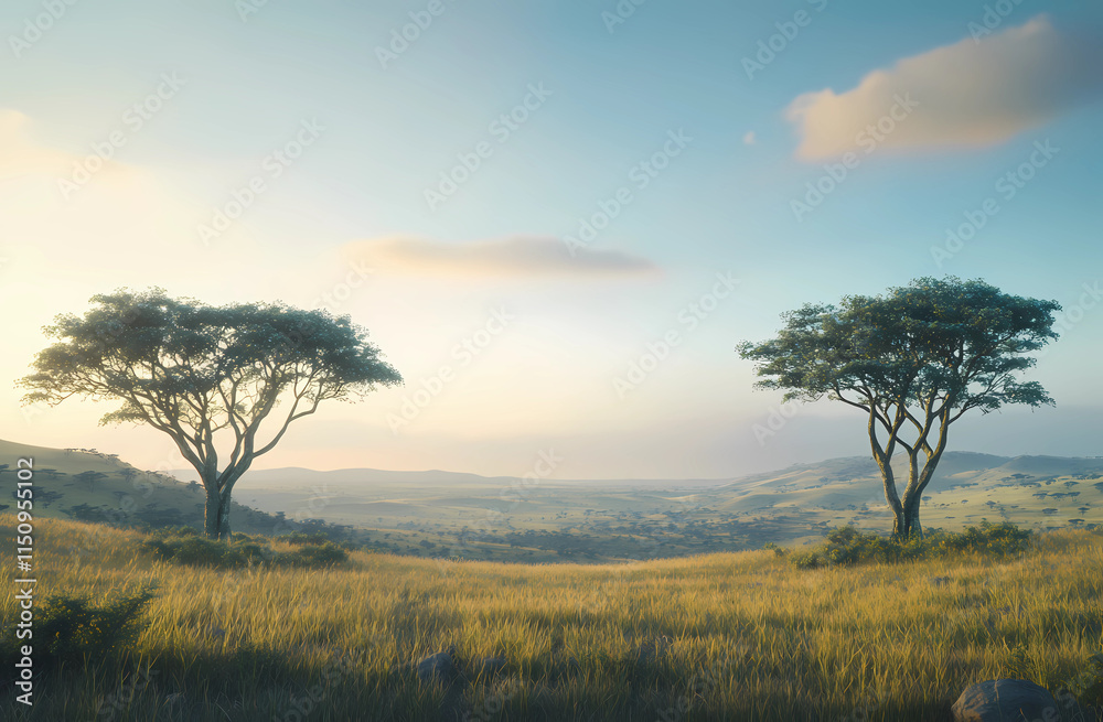 Wide shot of a savannah landscape with acacia trees, grassland, blue sky, and soft light Wide shot of a savannah landscape with acacia trees, grassland, blue sky, and soft light