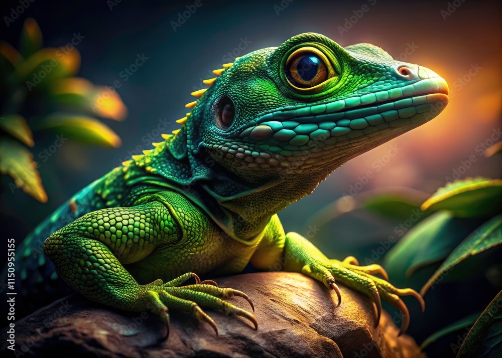 Fototapeta premium Drone Photography Green Lizard Dark Background AI Generated Image