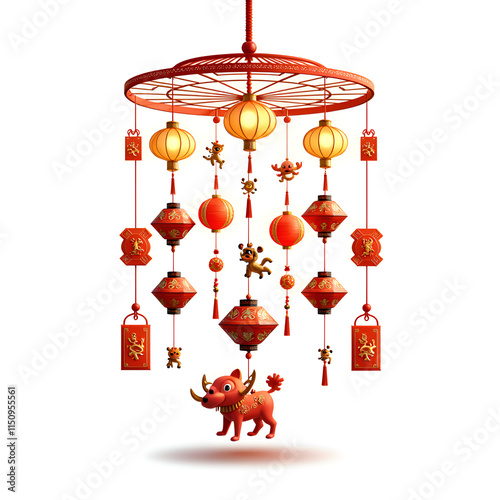 Vibrant decorative mobile with lanterns and festive ornaments for lunar festival celebrations, digital art of cultural symbolism concept.