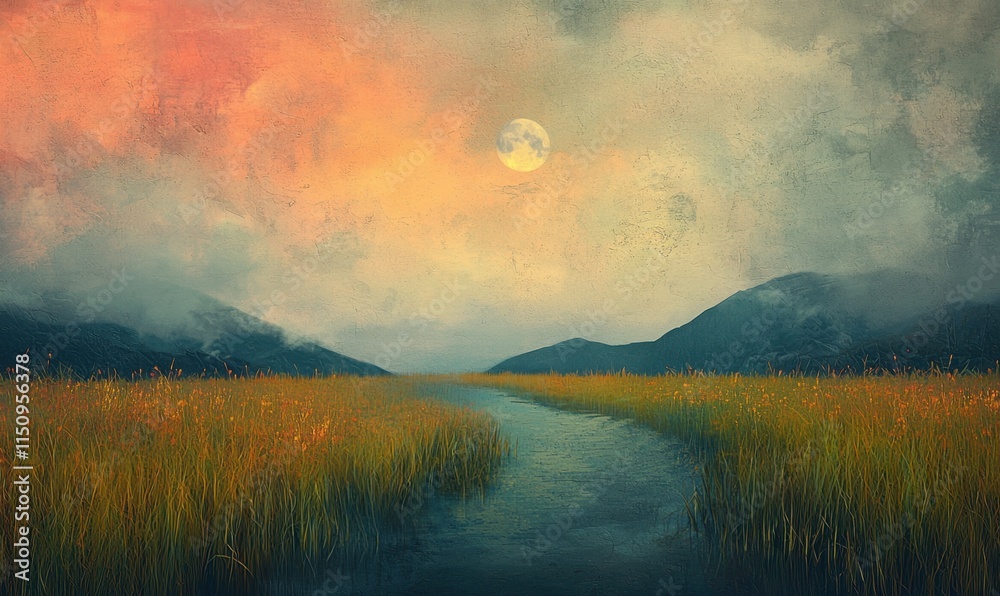 Fototapeta premium Ai-enhanced landscape photography serene marsh digital art