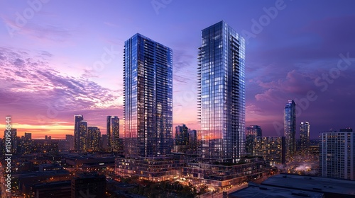 Modern skyscrapers at sunset showcasing urban architecture