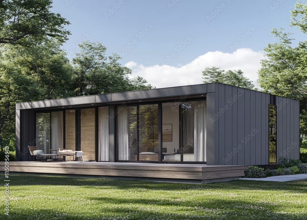 Modern house with gray walls and flat roof, front view, green lawn in the background Modern house with gray walls and flat roof, front view, green lawn in the background