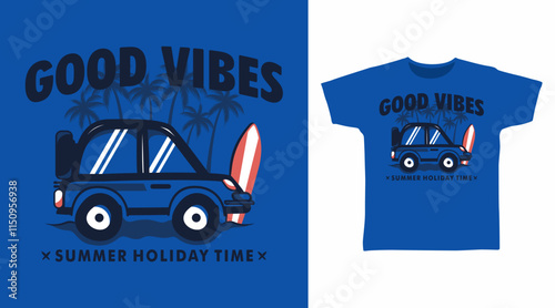 Surfing car hand drawn illustration, vector ready for print on t-shirt and other uses.