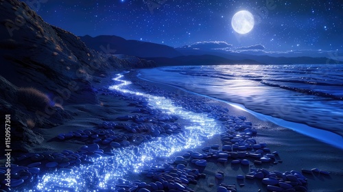 Moonlit Shore with Glowing Stream