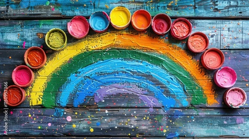 Colorful rainbow painted on rustic wood with paint pots.