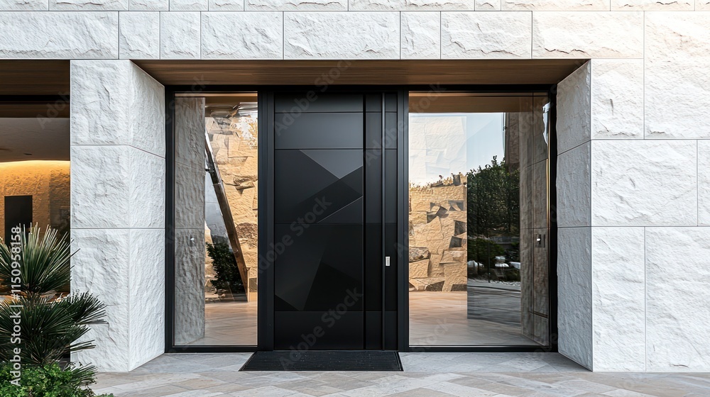 Sleek black door with glass panels, framed by sharp, white stone walls, giving a minimalist appeal. Sleek black door with glass panels, framed by sharp, white stone walls, giving a minimalist appeal.