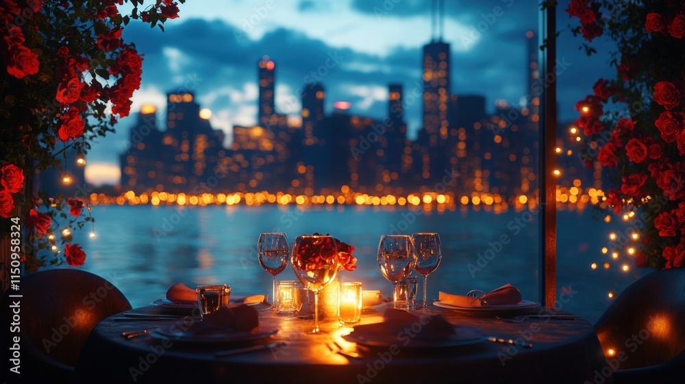 Obraz premium Romantic city dinner, candles, roses.