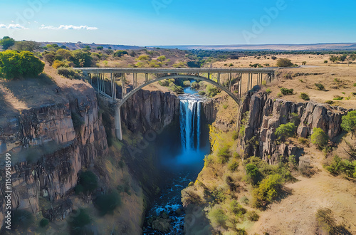A bridge spans a river with a waterfall below