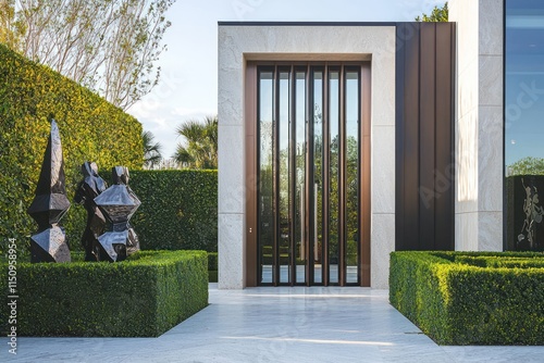 Large vertical front door made of glass and wood, flanked by bold sculptures and manicured hedges. photo