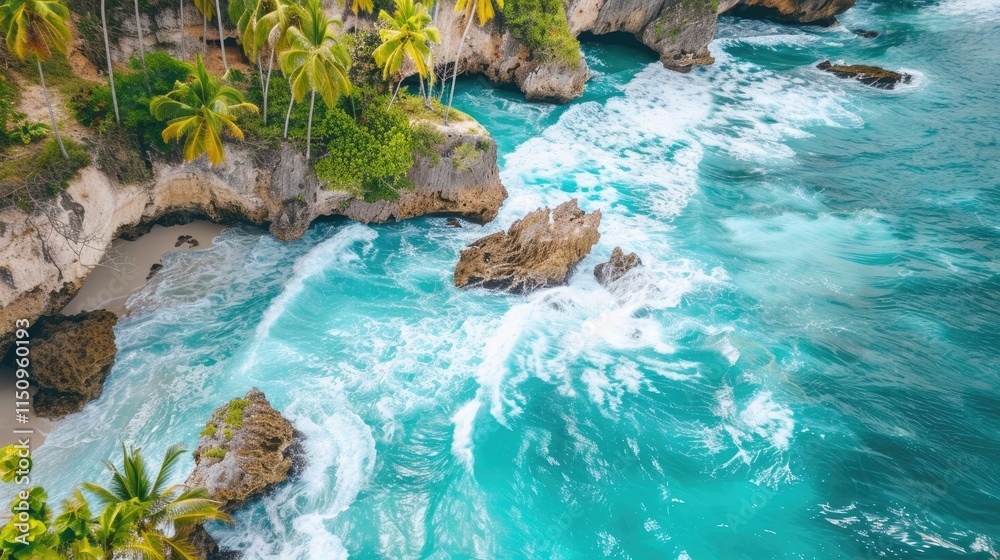 Aerial View of Turquoise Ocean Waves Crashing on Rocky Coast