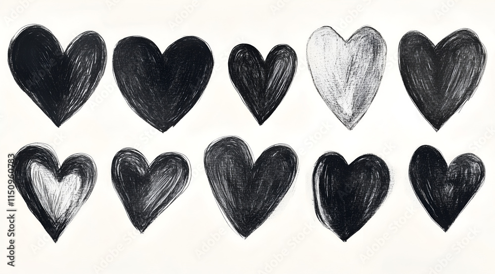 hand-drawn black hearts on white hand-drawn black hearts on white