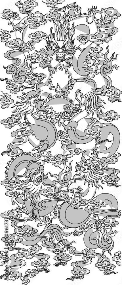 Naklejka premium Vector sketch illustration silhouette design painting classic vintage ethnic traditional dragon flying on cloud