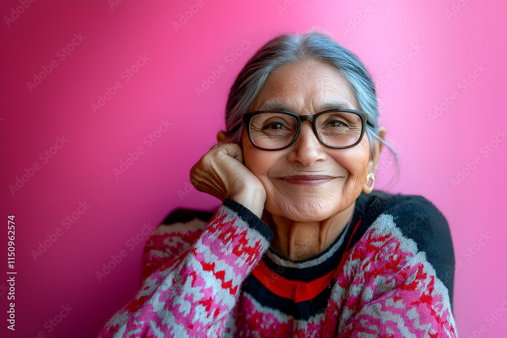 Portrait of a grandmother smiling lovingly on a pastel pink background Portrait of a grandmother smiling lovingly on a pastel pink background