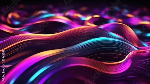 looped 3d animation. light pulses glide along curved neon lines. Abstract animated background of multicolored virtual ribbon with loop glowing in ultraviolet spectrum. Digital data transfer concept