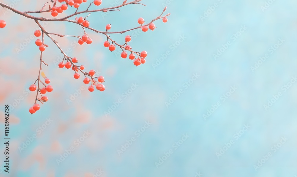 Branch of red berries with a blue background, Generative AI