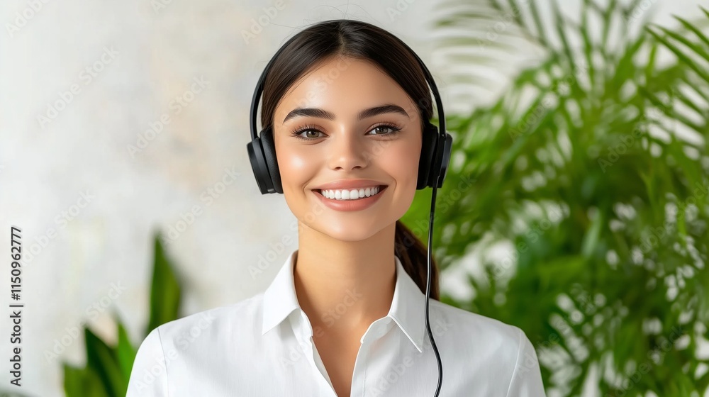 Headshot of friendly female operator wearing headset smiling and working in green office Headshot of friendly female operator wearing headset smiling and working in green office