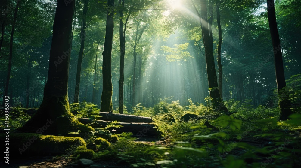 Obraz premium Sunlight Filtering Through a Forest Canopy