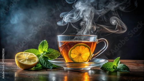 Steaming Lemon Tea Portrait Photography - Dark Background, Hot Drink, Mint Leaves