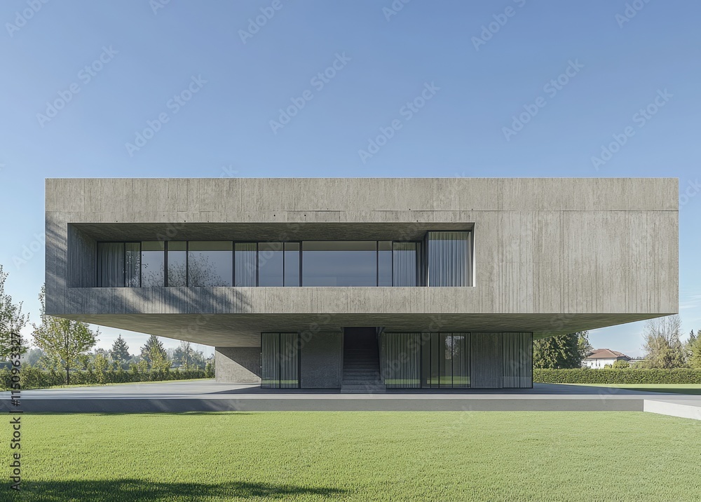 Modern house with gray walls and flat roof, front view, green lawn in the background Modern house with gray walls and flat roof, front view, green lawn in the background