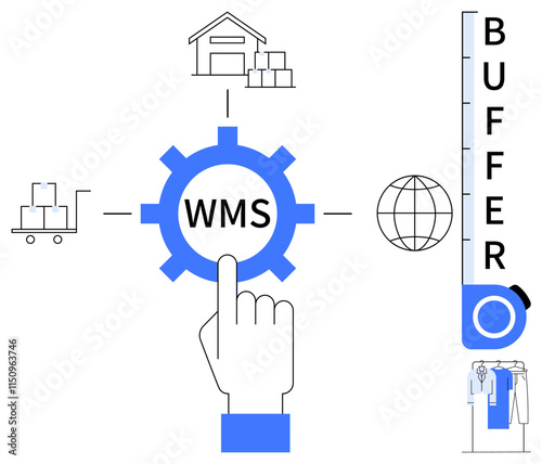 Gear labeled WMS being pointed at, surrounded by warehouse, trolley, globe, and buffer gauge icons. Ideal for logistics, warehouse operations, inventory management, supply chain order fulfillment