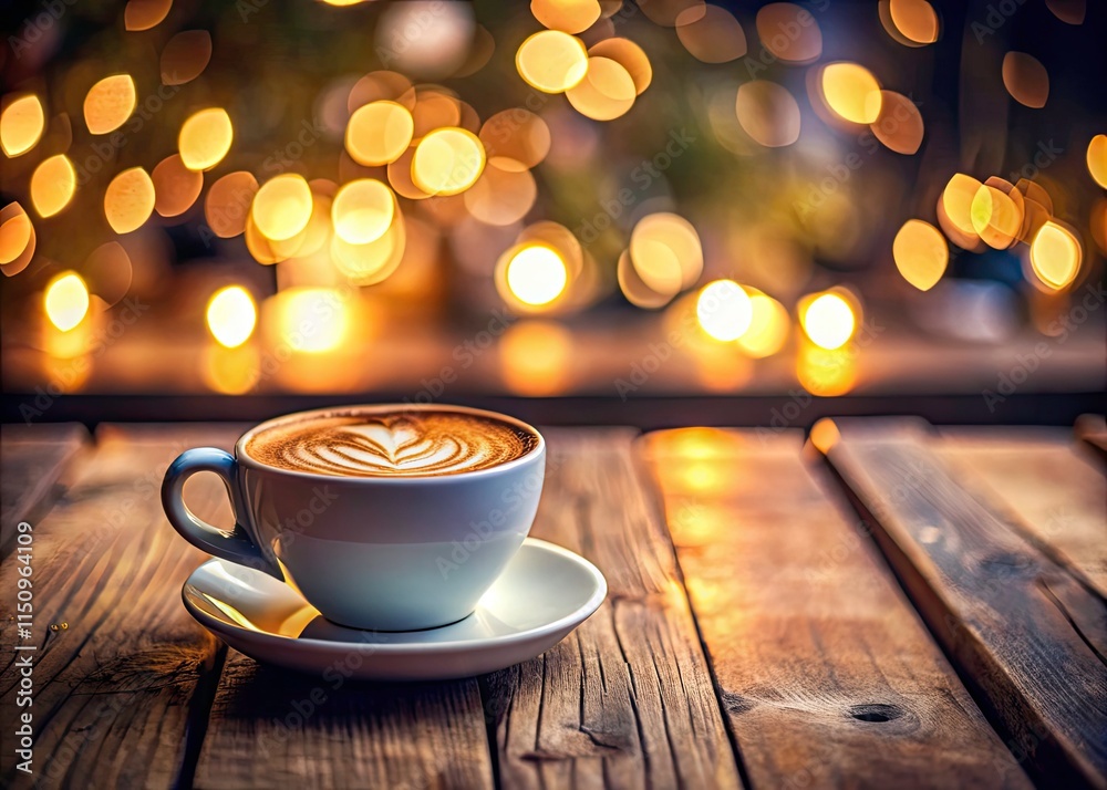 Obraz premium Tilt-Shift Flat White Coffee: Miniature Wooden Table Coffee Shop Photo