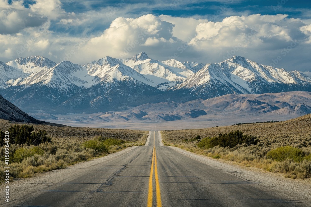 Fototapeta premium Scenic highway vanishing into snow-capped mountains under a partly cloudy sky.