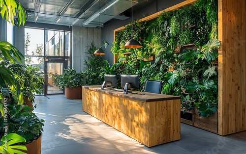 Interior of a sustainable office with airpurifying plants, wooden desk with a computer, natural light, and ecofriendly materials, showcasing an ecological company photo