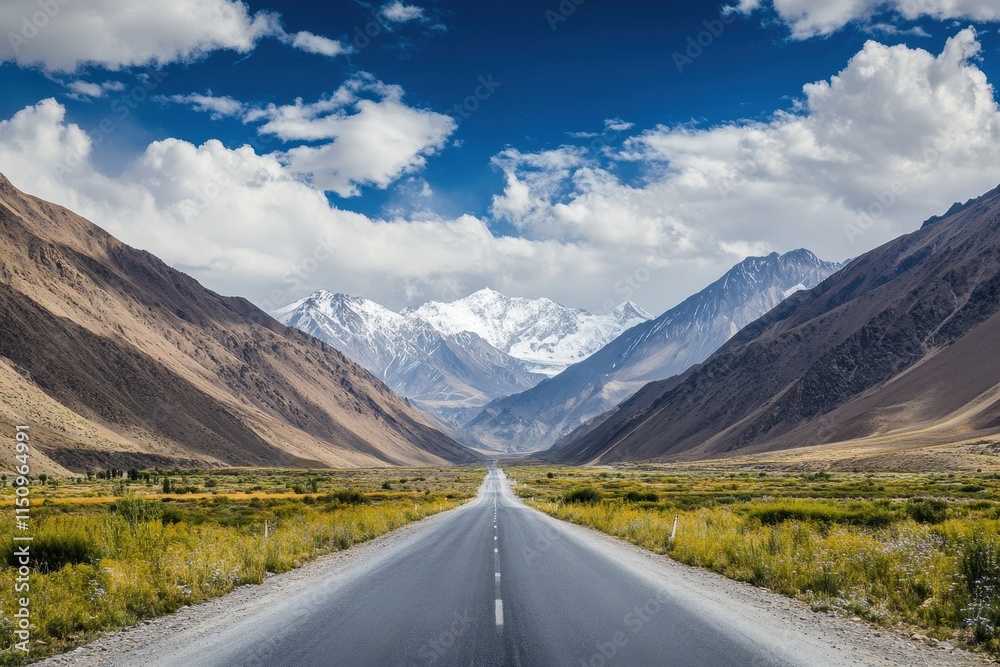 Fototapeta premium Scenic mountain road disappearing into the horizon under a partly cloudy sky.