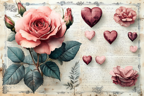 A vintage floral composition featuring roses and heart shapes on textured background. photo