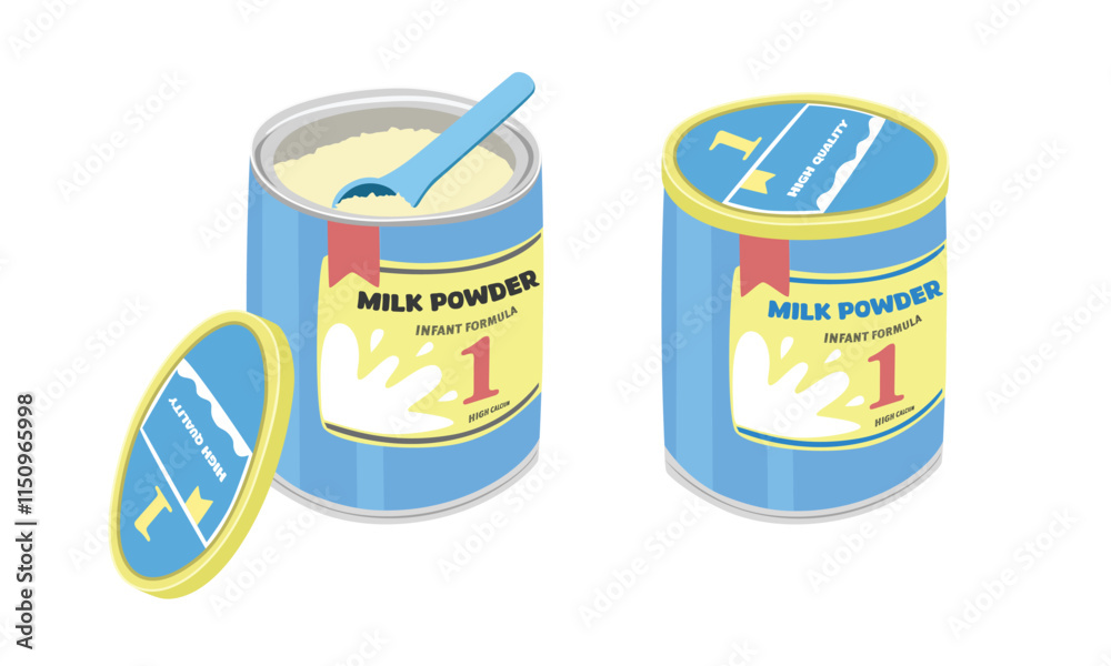 Baby formula vector illustration isolated on white background. Opened and closed baby milk powder clipart. Infant artificial feeding. Baby shower, baby food. Flat vector isolated on white background. Baby formula vector illustration isolated on white background. Opened and closed baby milk powder clipart. Infant artificial feeding. Baby shower, baby food. Flat vector isolated on white background.
