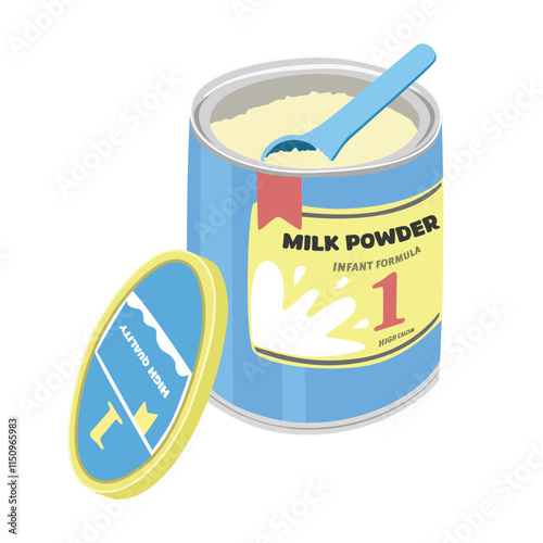 Baby formula vector illustration isolated on white background. Opened baby milk powder clipart. Infant artificial feeding. Baby shower, baby food. Flat vector isolated on white background.