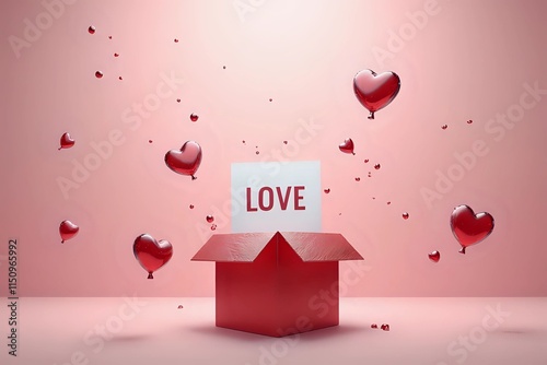 Cute love message popping out of an open present box with confetti and heart shape balloons around. 3d scene design