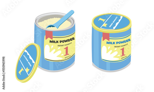 Baby formula vector illustration isolated on white background. Opened and closed baby milk powder clipart. Infant artificial feeding. Baby shower, baby food. Flat vector isolated on white background.