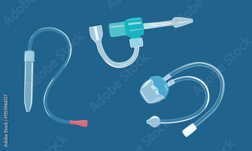 Nasal aspirator flat vector set in cartoon style isolated on white background. Baby nasal aspirator, baby runny nose cleaning equipment. Baby medical equipment. Baby product.
