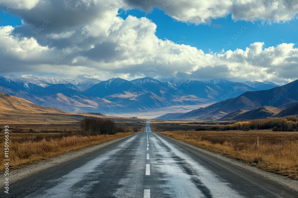 Naklejka premium Scenic highway vanishing into majestic mountains under a partly cloudy sky.