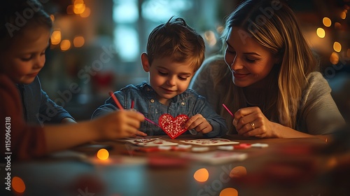 A creative Valentine's Day family moment with children and parents sitting around a craft table, making cards with paper hearts, colorful markers, and ribbons, photo