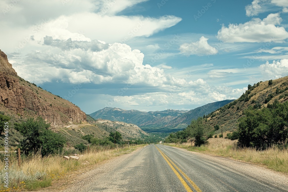 Fototapeta premium Scenic highway through mountain valley under a partly cloudy sky.