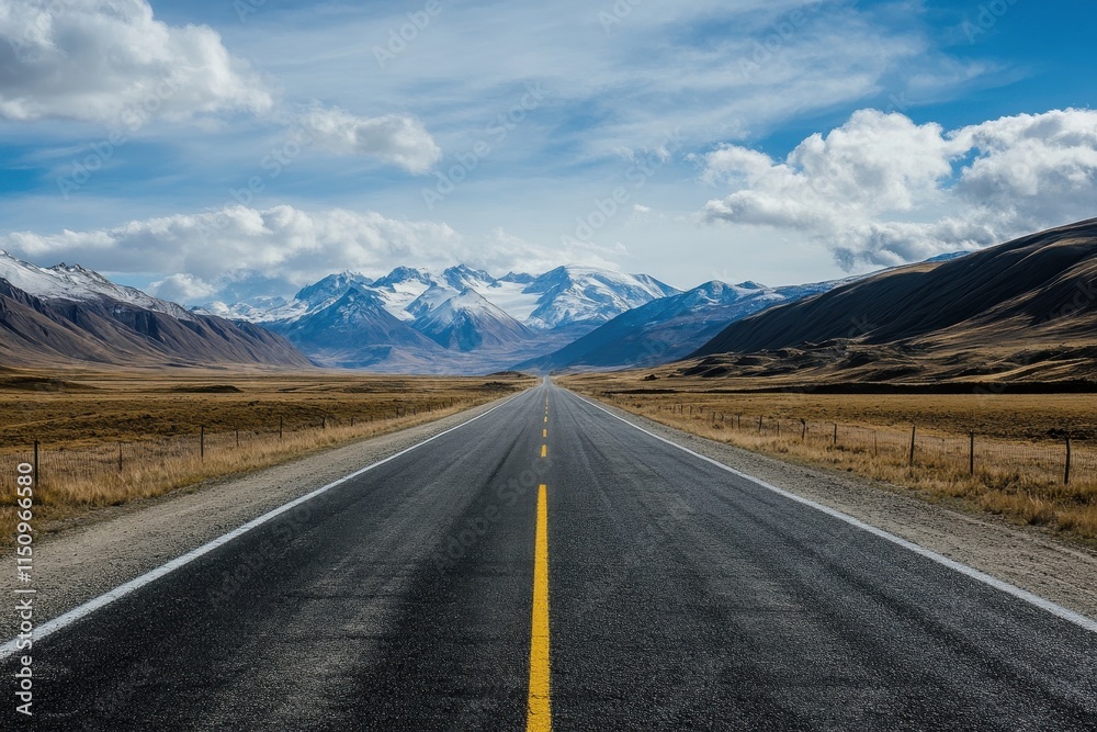 Open road leading to snow-capped mountains under a partly cloudy sky. Open road leading to snow-capped mountains under a partly cloudy sky.