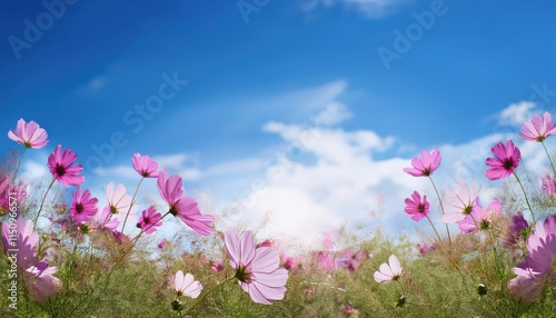 A vibrant field of pink flowers under a bright blue sky, showcasing nature's beauty and tranquility.