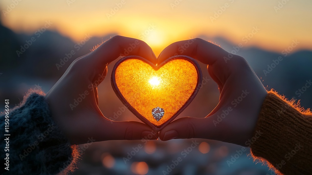 Fototapeta premium A heartwarming moment of a couple at sunset, with hands holding a heart-shaped engagement ring box, a sparkling diamond ring inside, the background showing golden light, distant mountains,