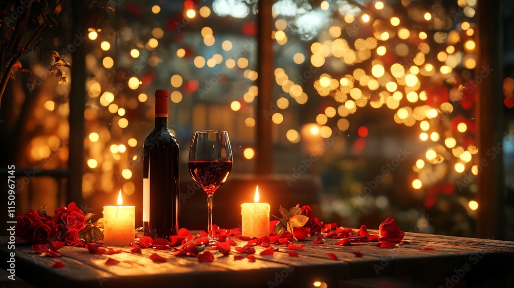 A heartwarming scene of a couple having a romantic dinner at home, with a small table adorned with red candles, rose petals, and a bottle of wine, fairy lights glowing softly in the background, A heartwarming scene of a couple having a romantic dinner at home, with a small table adorned with red candles, rose petals, and a bottle of wine, fairy lights glowing softly in the background,