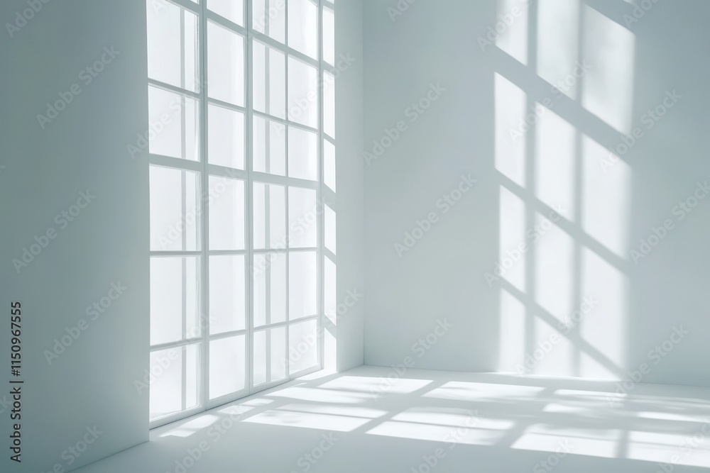 Sunlight streams through large window in minimalist white room corner, casting shadows on wall and floor. Sunlight streams through large window in minimalist white room corner, casting shadows on wall and floor.