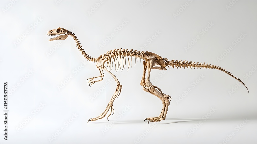Obraz premium A skeleton of a Coelophysis, featuring its long, slender body and delicate bones, set against a white background
