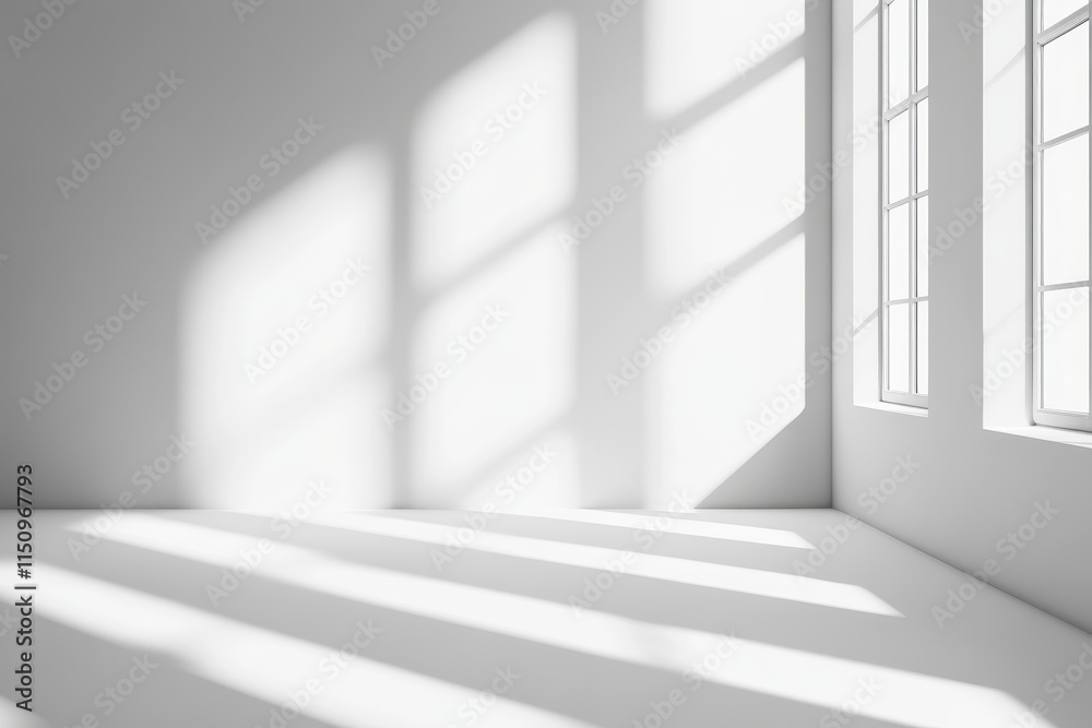 Fototapeta premium Sunlight streams through windows illuminating a minimalist white room.