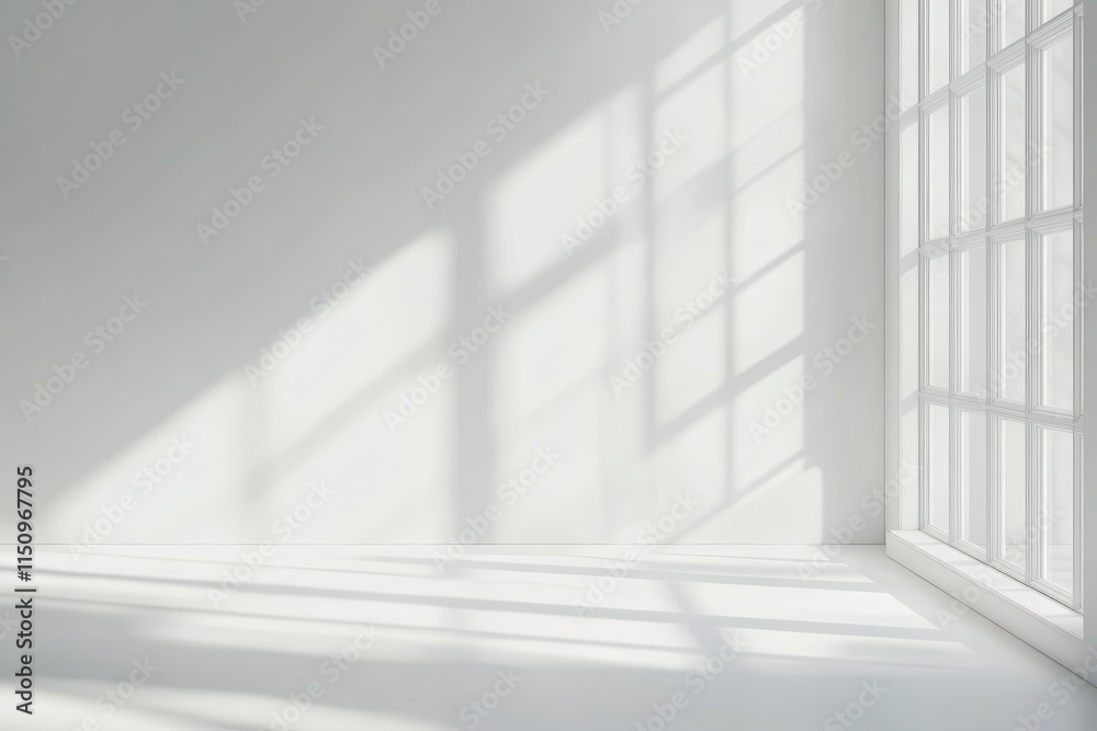 Sunlight streams through large window in minimalist white room. Sunlight streams through large window in minimalist white room.