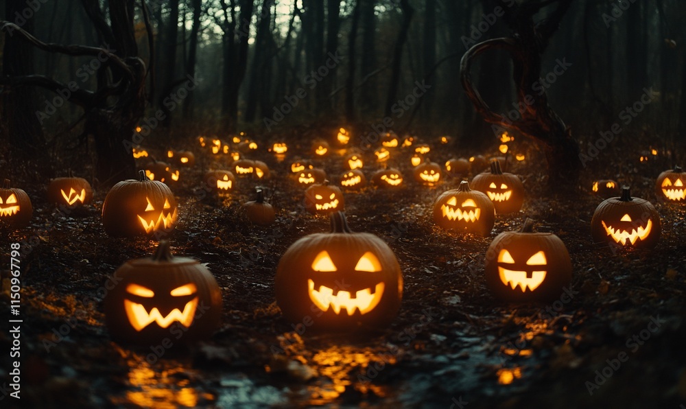 A spooky forest filled with glowing jack-o'-lanterns for Halloween. A spooky forest filled with glowing jack-o'-lanterns for Halloween.