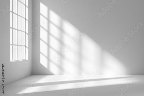 Sunlight streams through a window into a minimalist white room, casting shadows on the wall and floor.