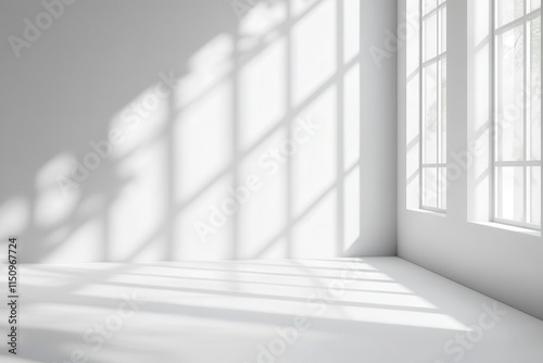 Sunlight streams through large windows in a minimalist white room, casting shadows on the wall and floor.