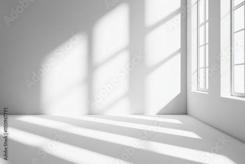 Sunlight streams through windows illuminating a minimalist white room.